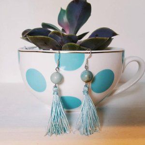 Blue Jasper Silk Tassel Silver Hook Earrings